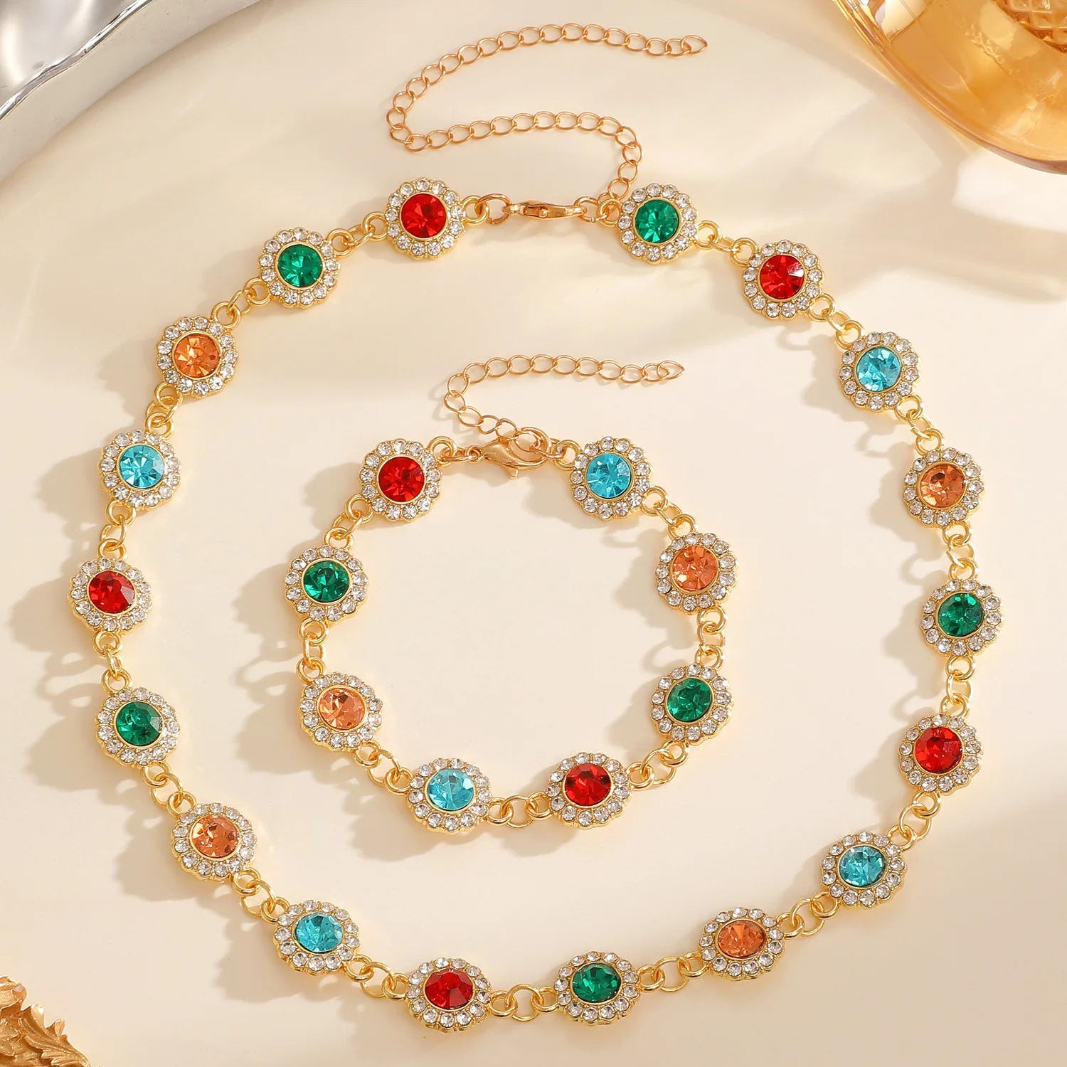 Dopamine Colored Heart-shaped Bead Charms Bracelet Fashion Vintage Rainbow Round Bead Beach Chain INS Girls' Daily Accessories