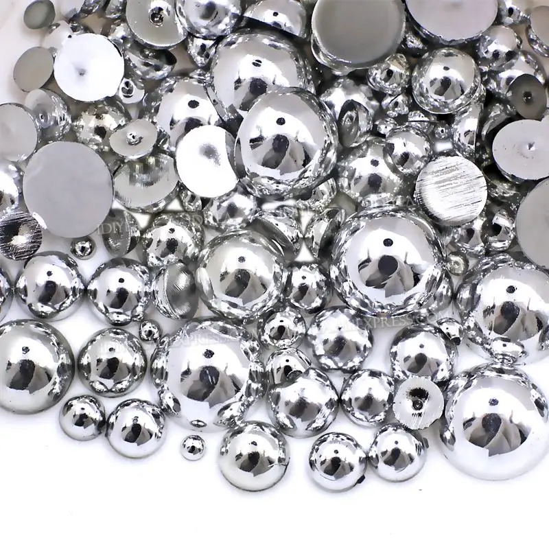 Perles semi-rondes brillantes en résine ABS, mélange de tailles 2mm-10mm, Imitation de perles, paillettes à dos plat pour décoration artisanale des