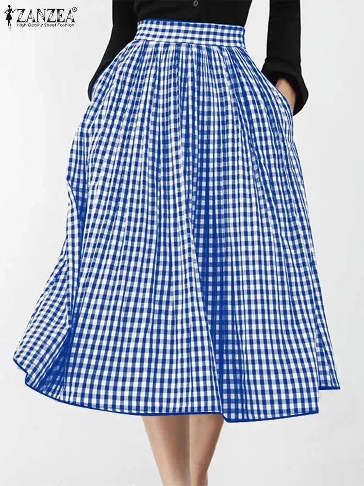 ZANZEA Autumn 2024 A-line Pocket Faldas Women High Waisted Midi Skirt Fashion Casual Plaid Jupe Holiday Oversized Long Overskirt