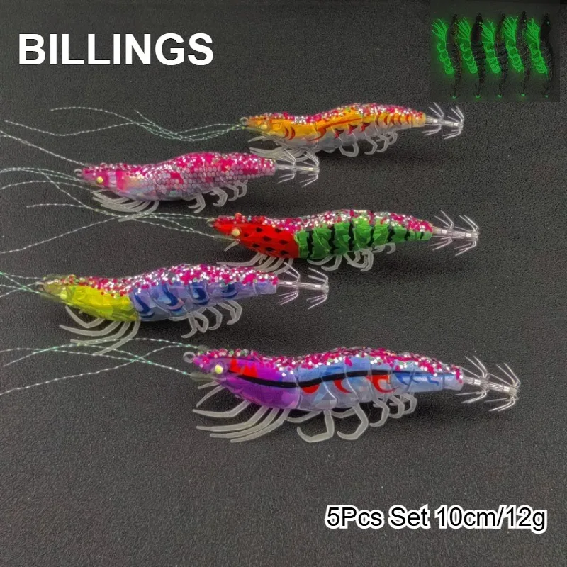 BILLINGS 5-teiliges Set Leuchtende Tintenfisch-Köder aus Holz, 10cm 12g, Wassermelonen-Laser-Rassel, Fliegende Tintenfisch-Jigs, Horizontale Jig-Köder