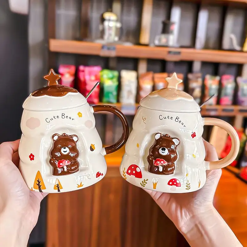 Relief Bear Ceramic Cup Cute Ceramic Mug with Lid on Hand Christmas 3D three-dimensional Mug Couple Coffee Cup Home Water Cup