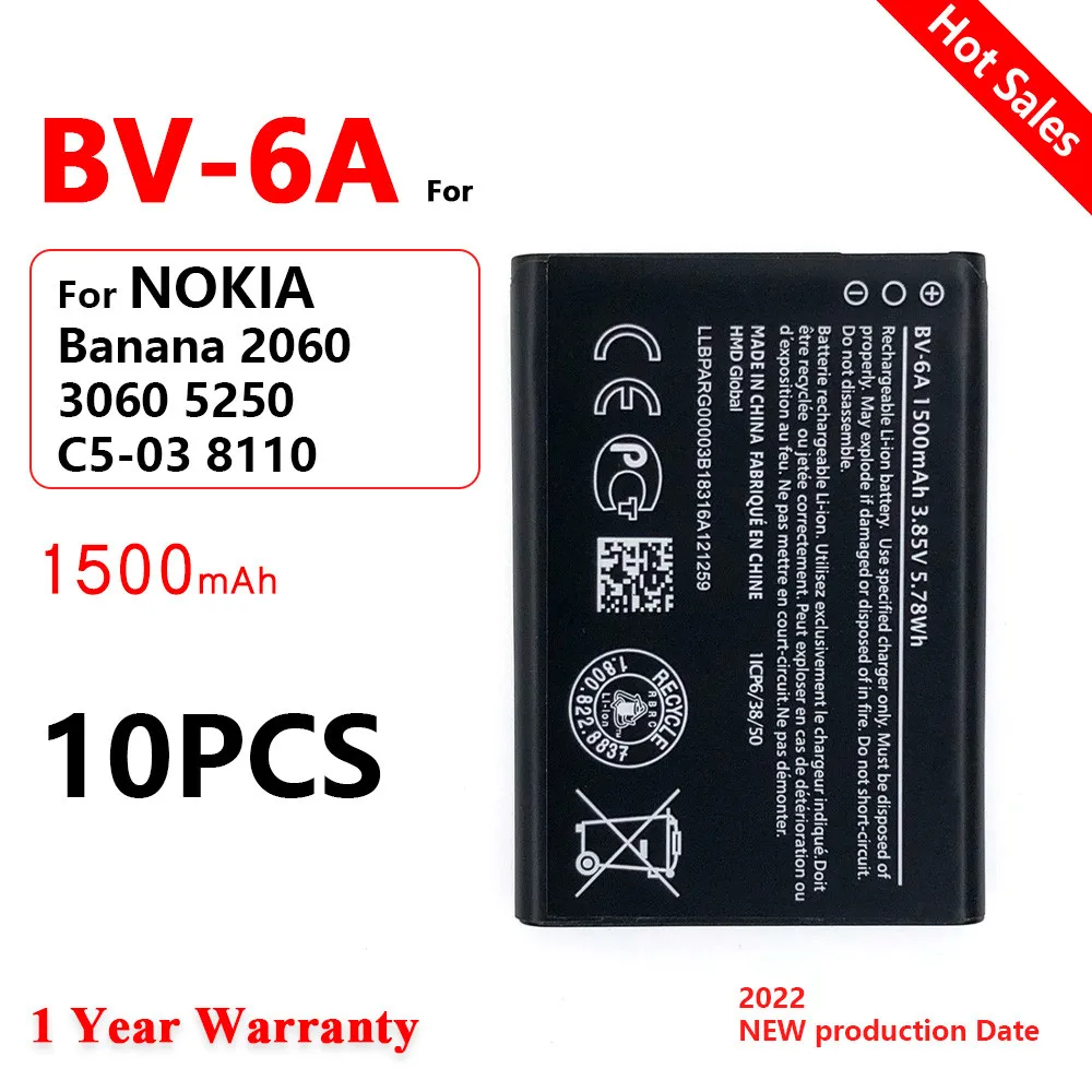 BV-6A BV6A 1500mAh Phone Li-ion Replacement Battery for Nokia Banana 2060 3060 5250 C5-03 8110 4G Rechargeable Battery Batteria