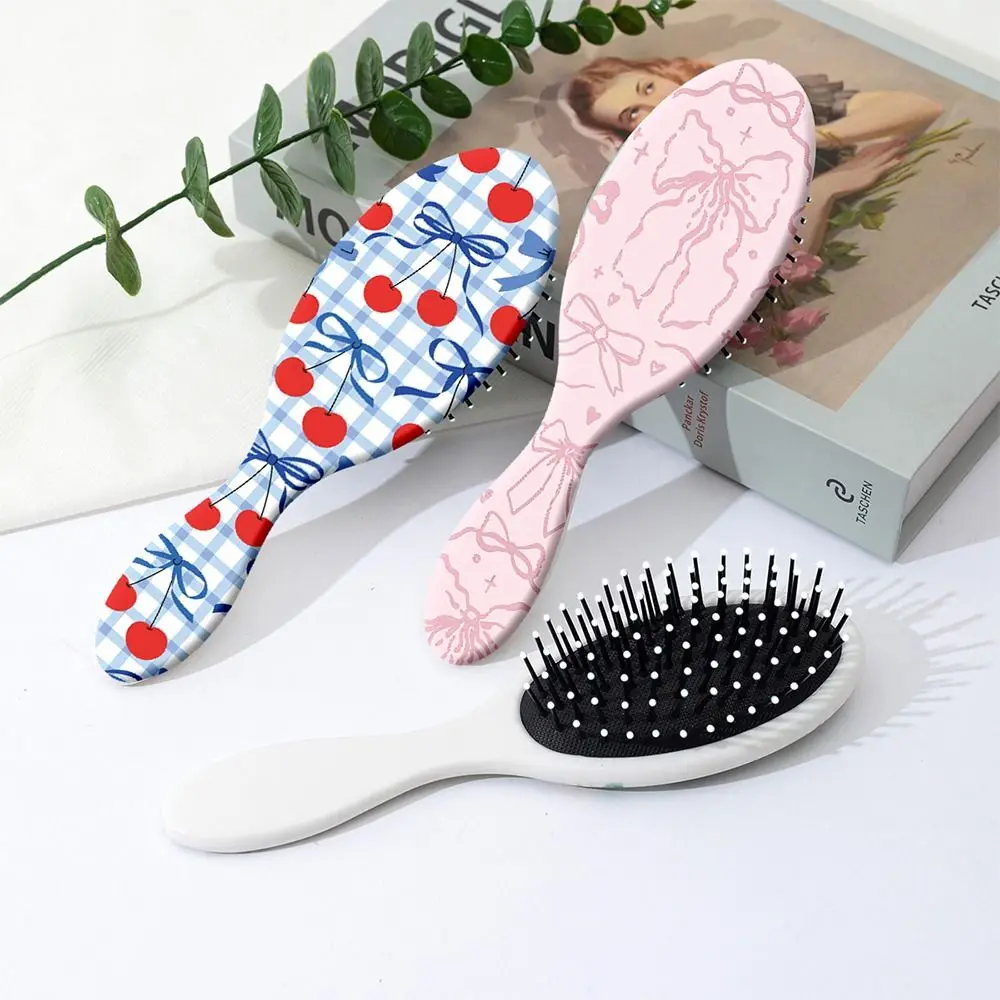 

Oval Air Cushion Hair Brush Bowknot Cherry Pattern Anti-Static Detangling Brush Cute Plastic Portable Hair Comb