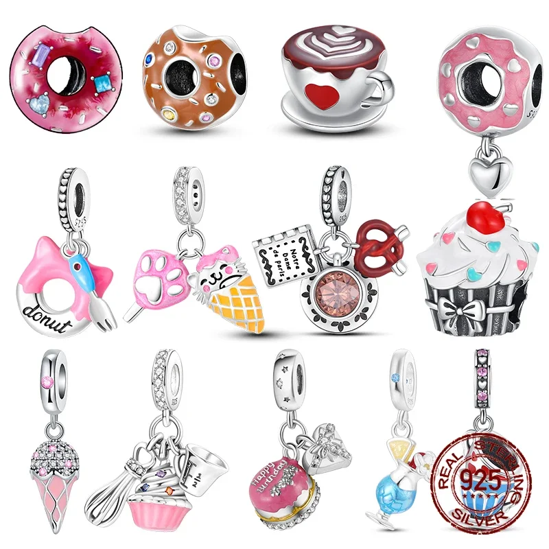 

925 Sterling Silver Donut cake coffee cup ice cream Beads pendant Charm Fit Original Pandora Bracelet Jewelry DIY making women