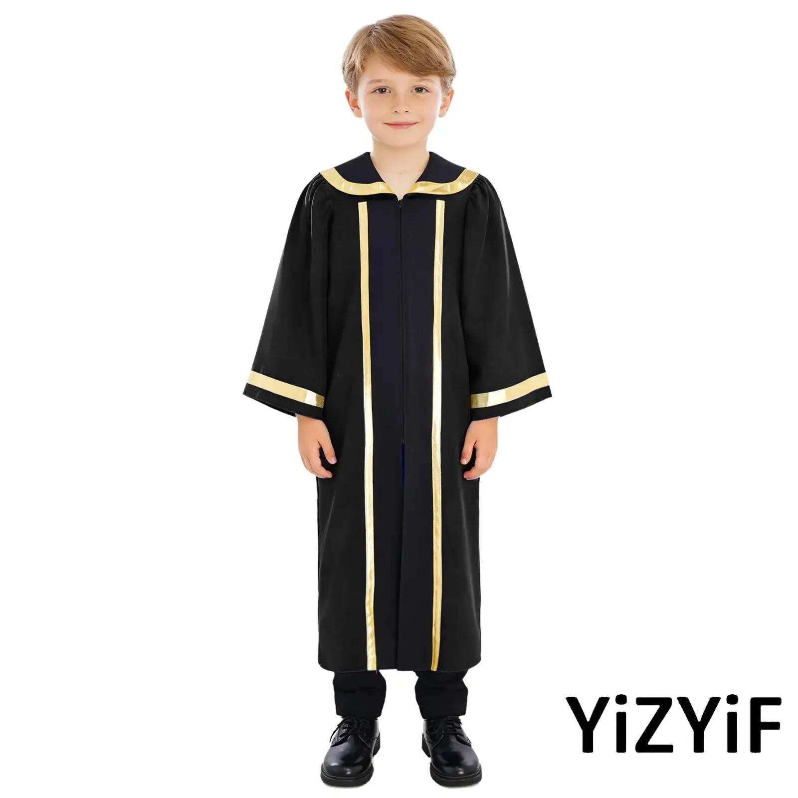 

Boys Girls Church Choir Praise Dance Pastor Robe Long Sleeve Metallic Gown Halloween Cosplay Party Clothes for Stage Performance