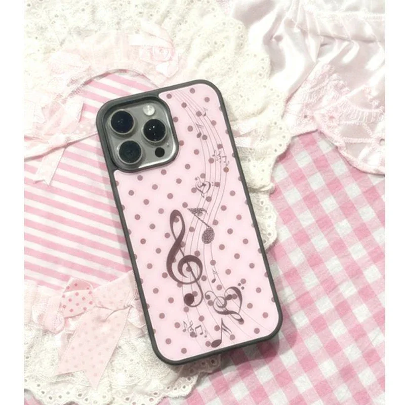 Korean ins Pink Brown Polka Dot Girl Heart Music Note Phone Case For iPhone 17 16 15 14 13 12 11 Pro XR Max 8 7 Plus Y2K Cover