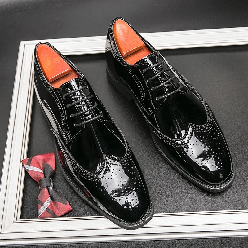 New Man Patent Leather Elevator Shoes 6CM Dress Heightening Formal Leather Shoes Brogue Business Wedding Men Oxfords Suit Shoes