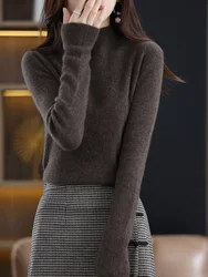 Basic Merino Wool Women Sweater Autumn Winter Korean Mock Collar Slim-Fit Knitted Pullover Long Sleeve Office Lady Clothing Tops