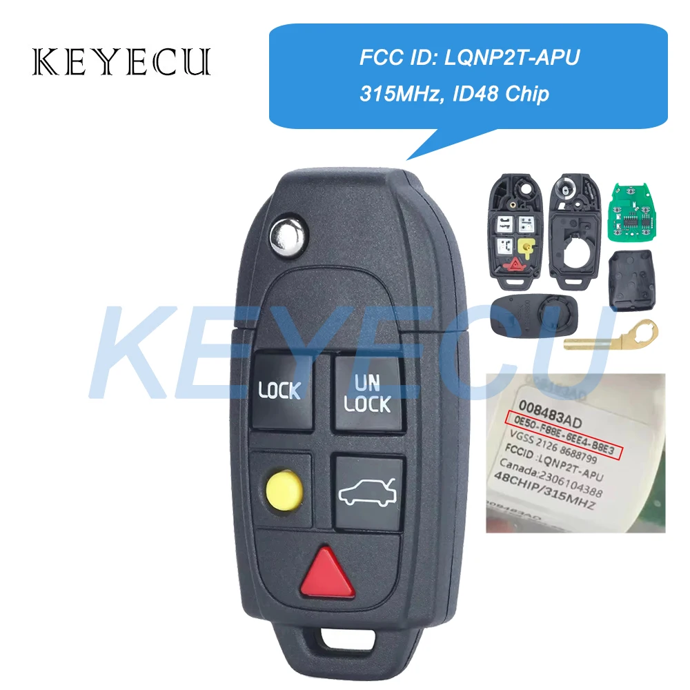 Keyecu FCC ID: LQNP2T-APU 315MHz ID48 Chip 5 Buttons Car Flip Remote Key Fob for Volvo XC70 XC90 S60 S70 S80 V70 2004-2015