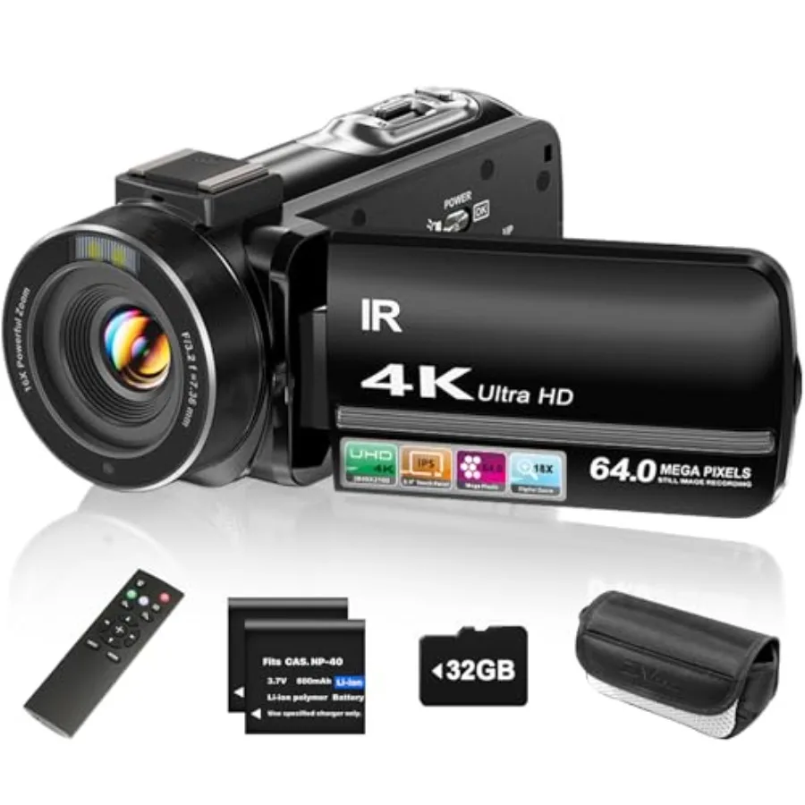 

Vlogging camcorder for YouTube: 4K UHD, 64MP, 18x digital zoom, 3 270 rotating IPS touchscreen, night vision, remote control, 3