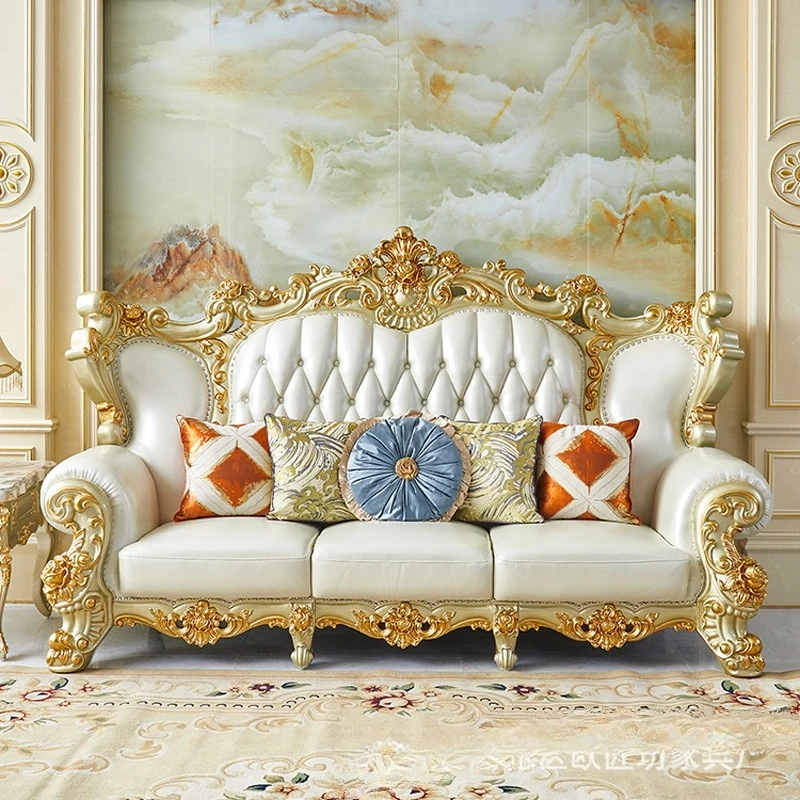 Wohnzimmer erste Schicht Rindsleder Sofa Kombination Massivholz doppelseitige Schnitzerei