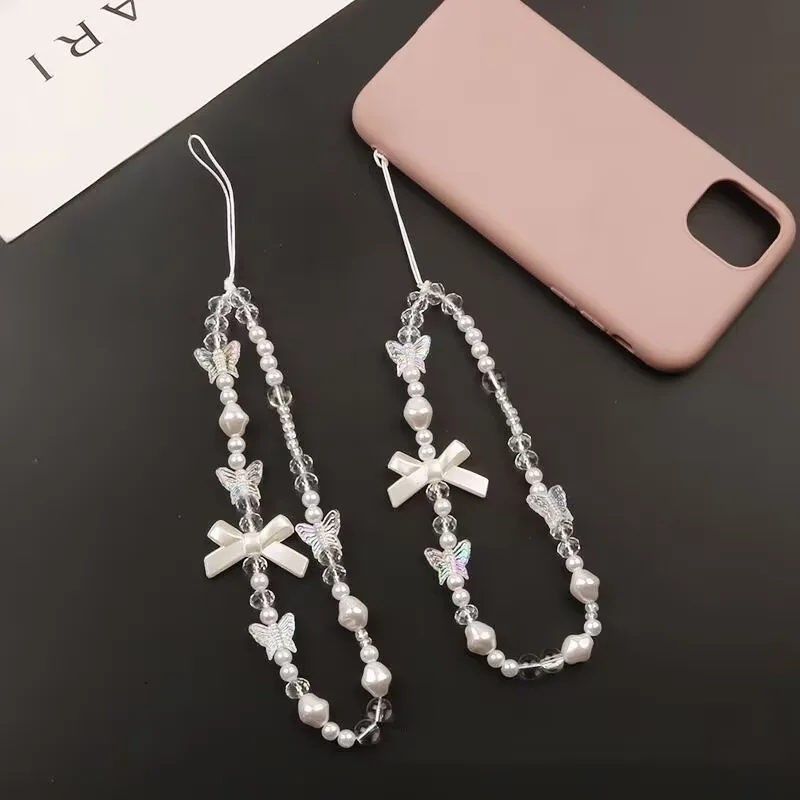 Korean Sweet Lovely Phone Lanyard Chain Butterfly Bowknot Beads Charm Hanging Rope Anti-Lost Camera Lanyard Strap Bag Decor