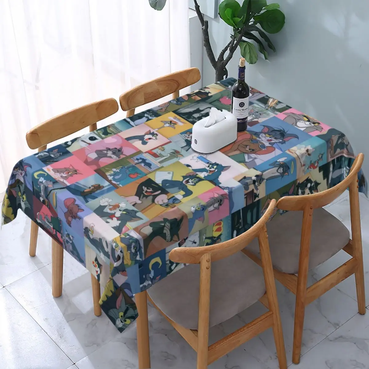 

Rectangular Waterproof Oil-Proof Tom And Jerry Cartoon Tablecloth Backed Elastic Edge Table Cover Fit Animation Table Cloth