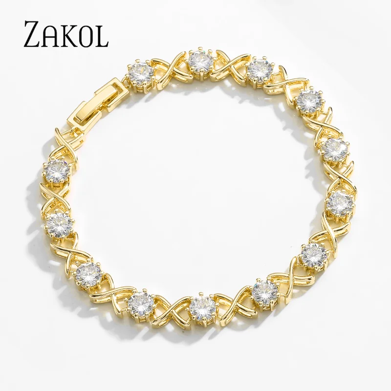 ZAKOL Zircon Cross Bracelets for Women Exquisite Round Cubic Zirconia Bangle Fashion Gold Color Wedding Party Jewelry