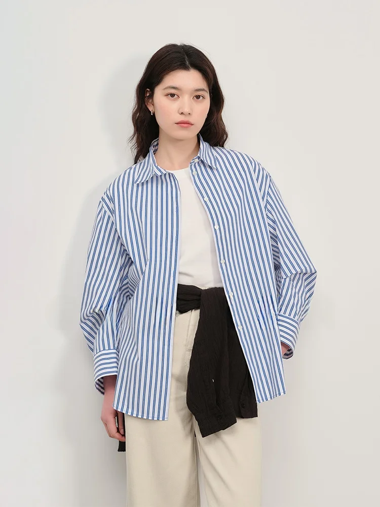 

Gansen Spring Blue White Stripes Loose Casual Shirt Women's Design Sense Commuter Versatile Long Sleeve Cotton Blend Shirt