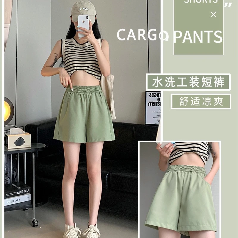 

Новые шорты-карго, летние женские корейские однотонные короткие женские брюки с эластичной резинкой на талии и карманами трапециевидной формы, шорты с высокой талией, ropa de mujer