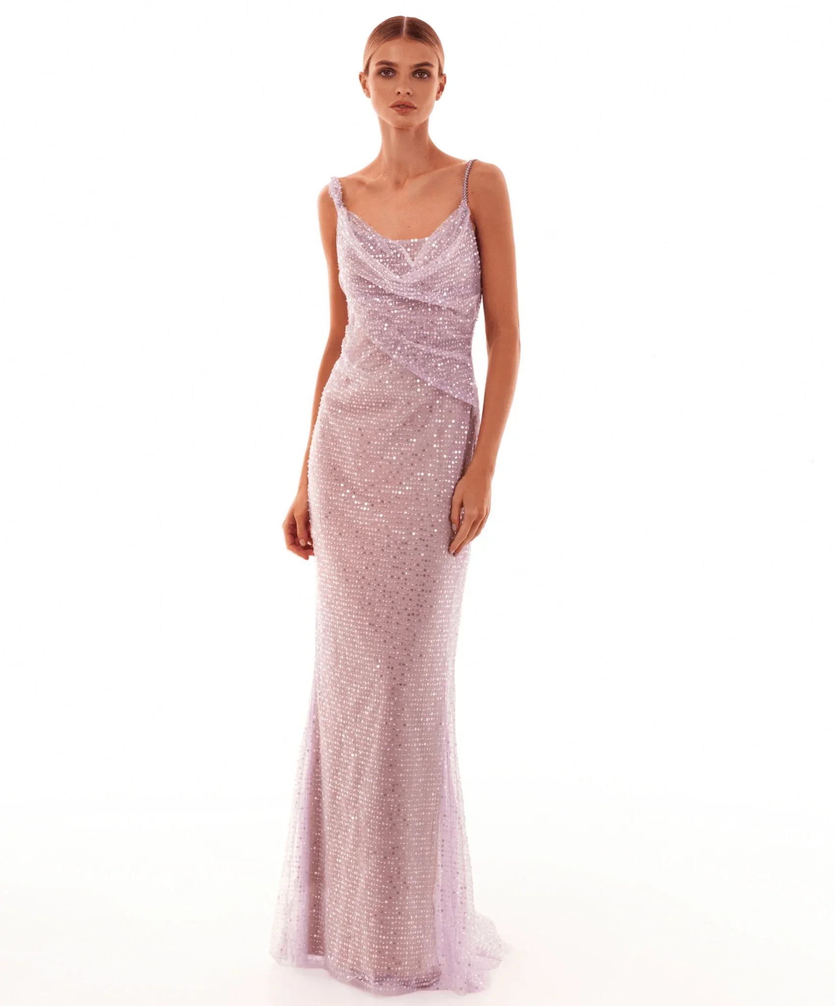 

Women Luxury Gala Dress Summer Soft Light Purple Spaghetti Strap Sequines Sparky Maxi Long Birthday Celebrity Evening Party Gown