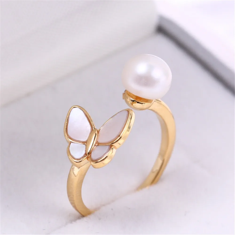 Copper-plated 18K Gold, Butterfly Zircon, Pearl Ring Accessories, Empty Support, Opening Adjustable, Jade Onyx DIY