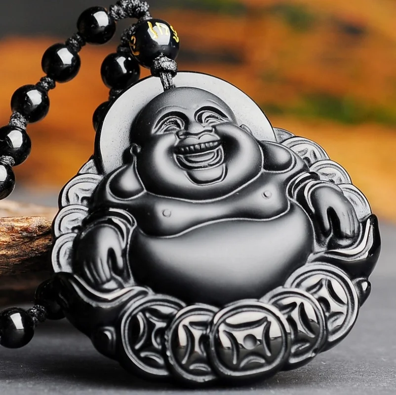 Retro Ethnic Fashion Black Dragon Obsidian Pendant Necklace Jewelry Men\'s Jade Maitreya Buddha Gift Amulet Jewelry