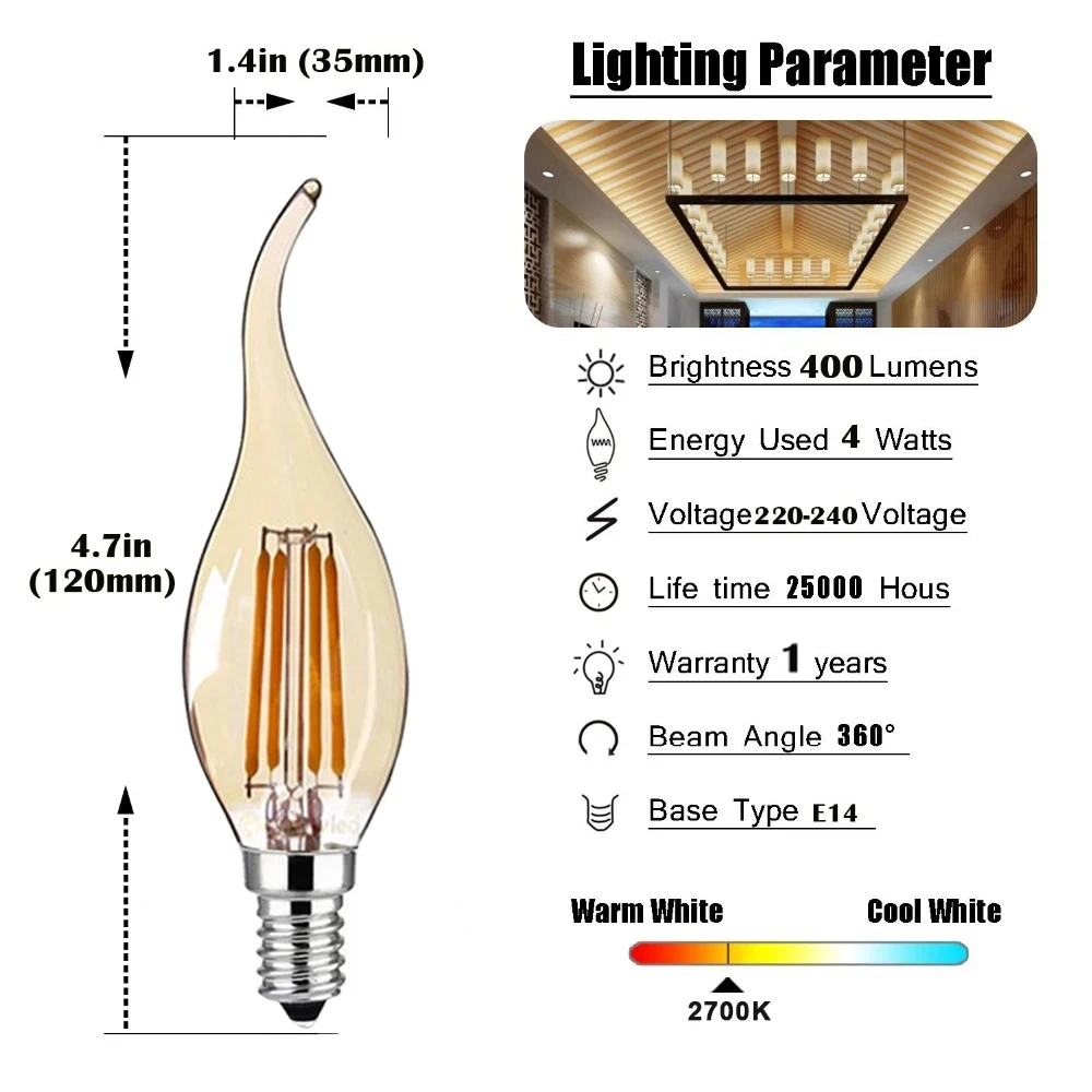 GANRILAND LED Dimmable Filament Bulbs 4W C35 Candle Bulb E14 220V 2200K Energy Saving Light 30W Incandescent Equivalent lamp