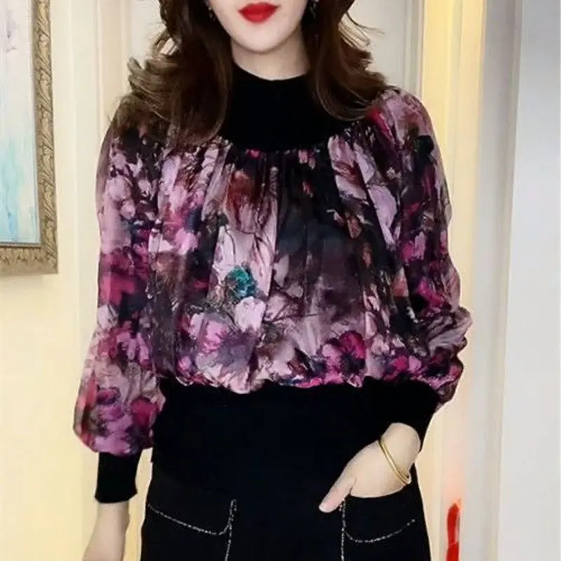 

Vintage Floral Printed Shirt Spring Autumn Turtleneck Women's Clothing Long Sleeve Chiffon Fashion Spliced Knitted Folds Blouse