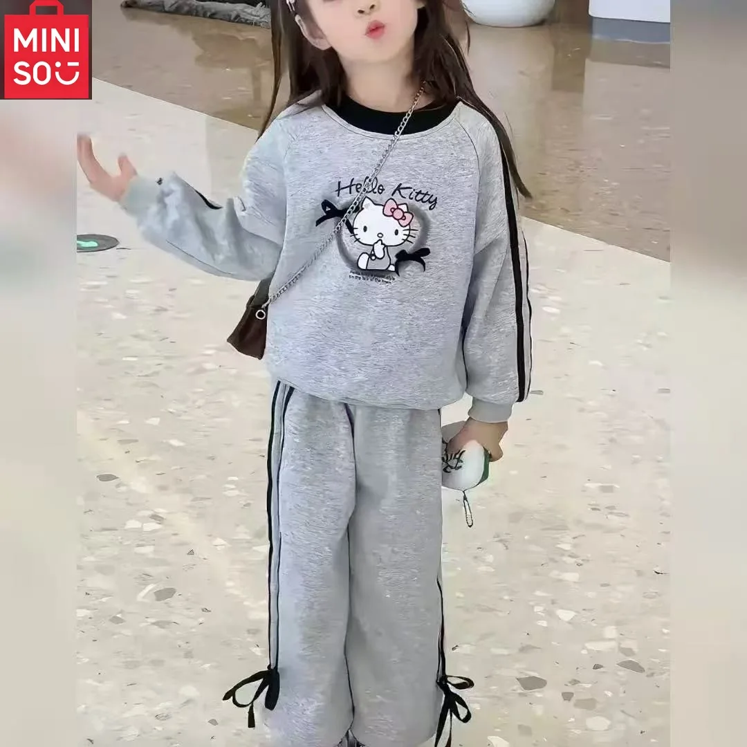 

MINISO Autumn Children's Hello Kitty Sportswear Hoodie Bow Top and Striped Pants 2-piece Set Children's Sportswear Set