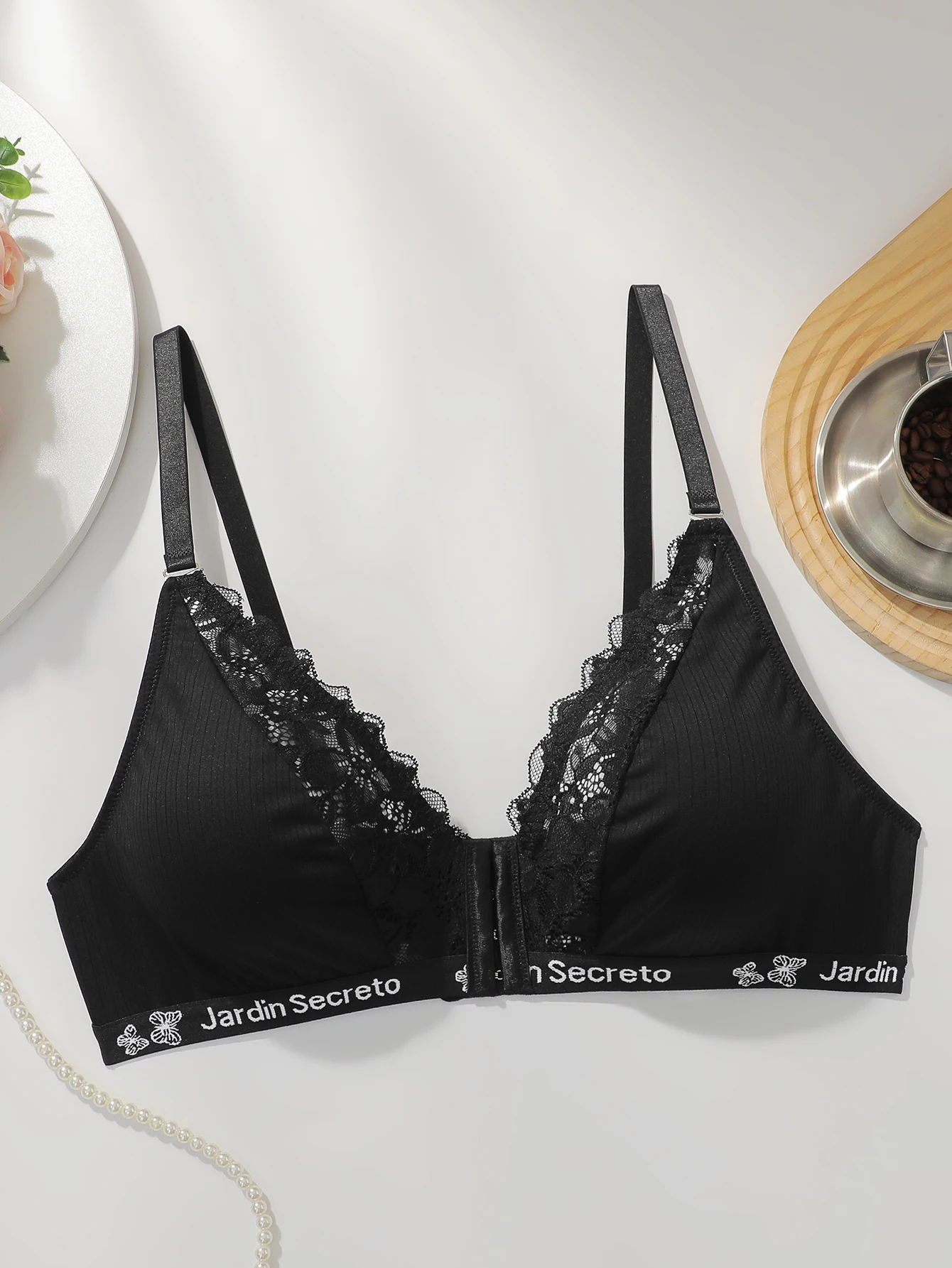 Large size underwire lingerie with sexy letter band design plus size braissere women's lace underwear black bra MR3474