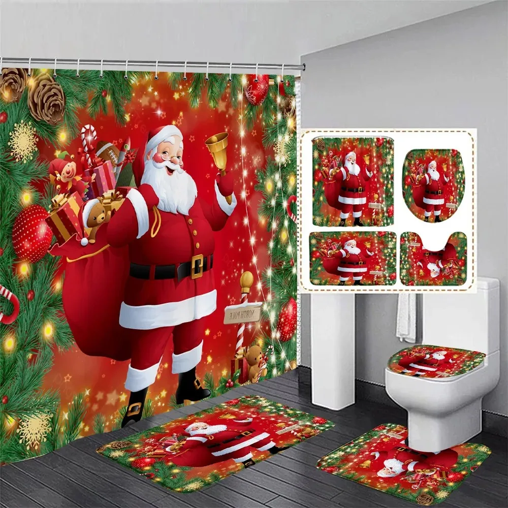 Red Christmas Shower Curtain Set Funny Santa Claus Gift Green Pine Branches Xmas Balls Home Bathroom Decor Bath Mat Toilet Cover