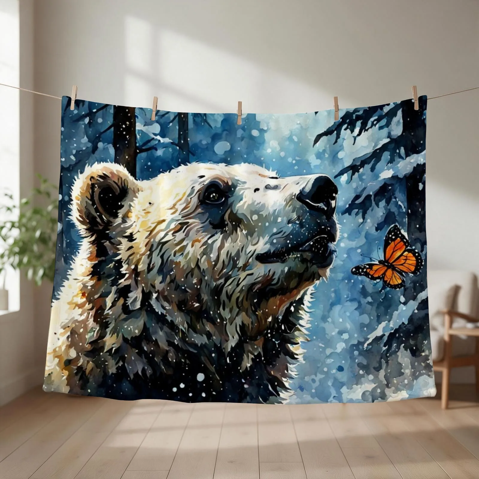 Bear And Butterfly Painting Throw Blanket for winter cosplay anime Soft Plaid Sofa Blankets