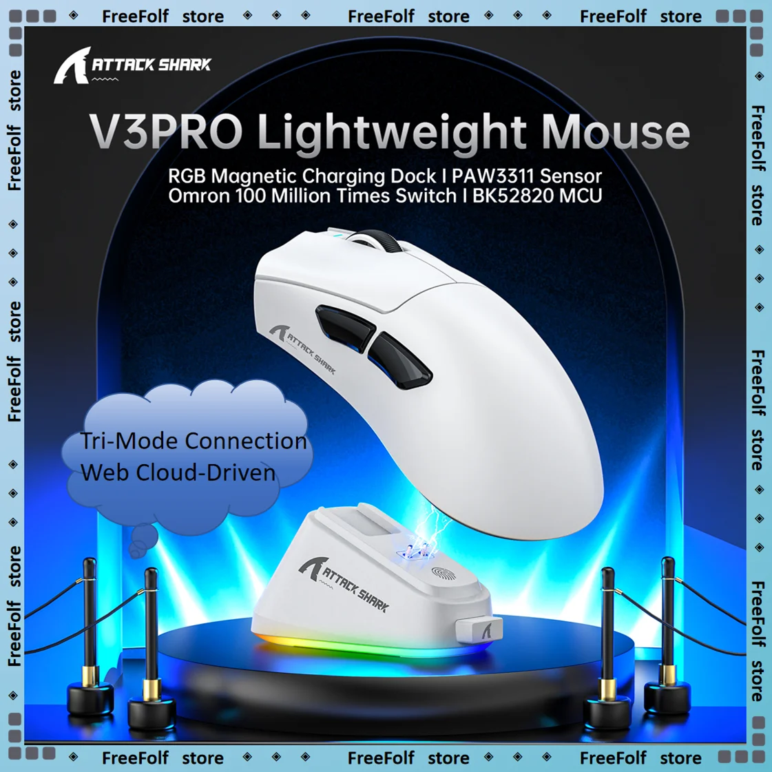 

ATTACK SHARK V3PRO Lightweight Mouse,25000DPI,PAW3311 Sensor,1KHz Polling Rate,400IPS,40G,Wired/2.4G/BT,Web Cloud-Driven