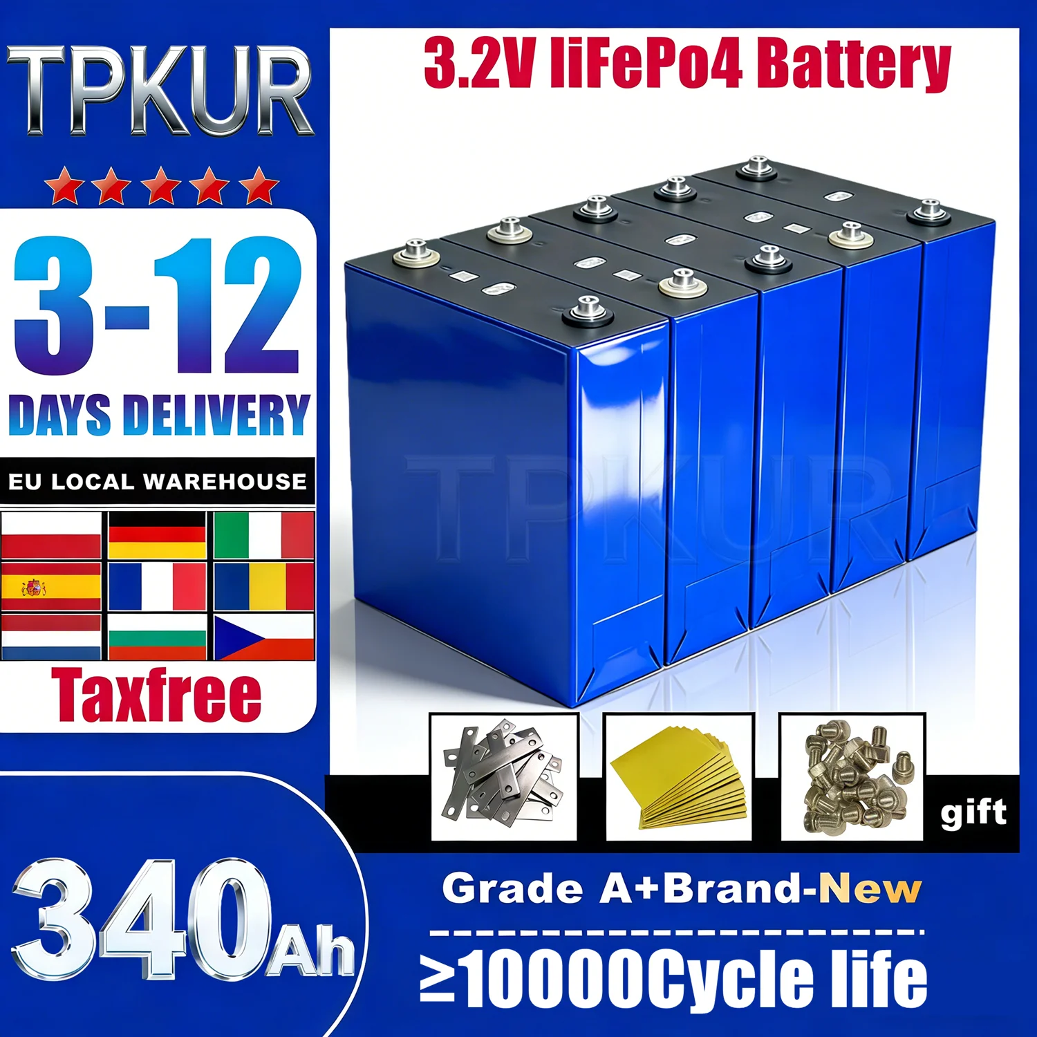 Batterie Lifepo4 de niveau A 340Ah 360Ah 3.2V au phosphate de fer et de lithium pour DIY 12V 24V 36V 48V, solaire, camping-car, voiture, voiturette de golf, bateau