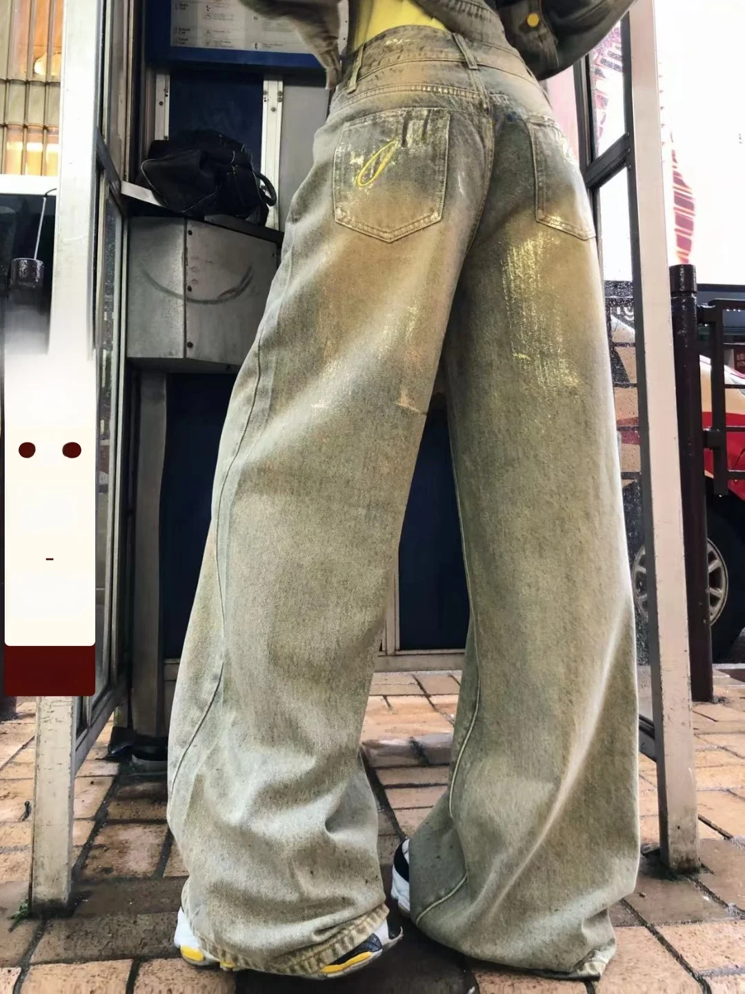 

Lililiwj американские потертые джинсы, женские свободные узкие прямые брюки с высокой талией, винтажная золотая осенняя одежда Emed