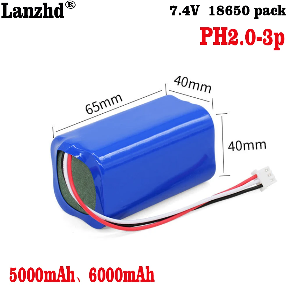 2S2P 18650 Battery Pack 7.4V 18650 Battery Welding 6000mAh with XH2.54 PH2.0 Protection Replacement Battery Recorder Loudspeaker