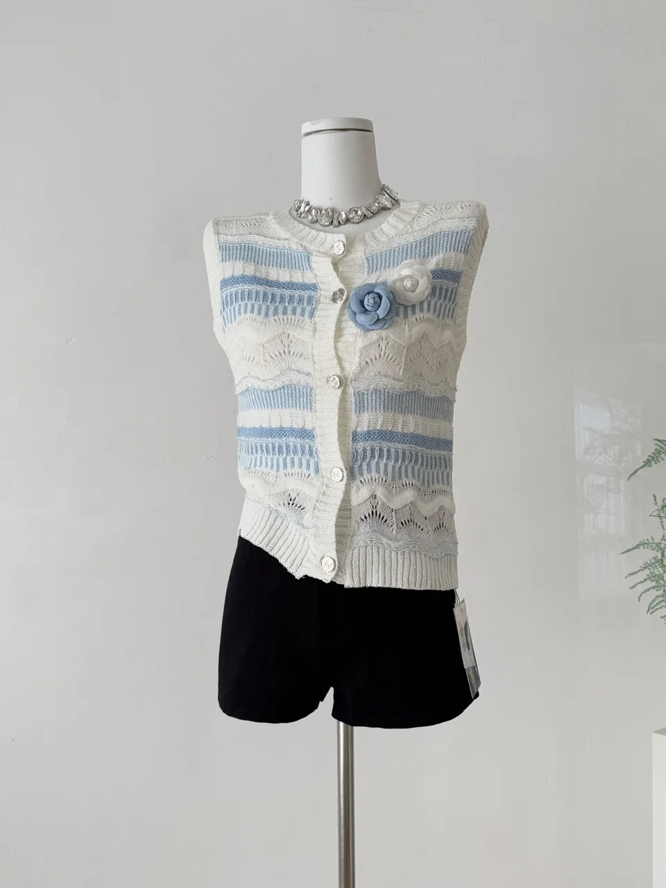 سترة صيفية محبوكة أنيقة مجوفة مستديرة Ne Svel ملابس نسائية لون Blo مخطط تصميم زهرة مجوفة #2