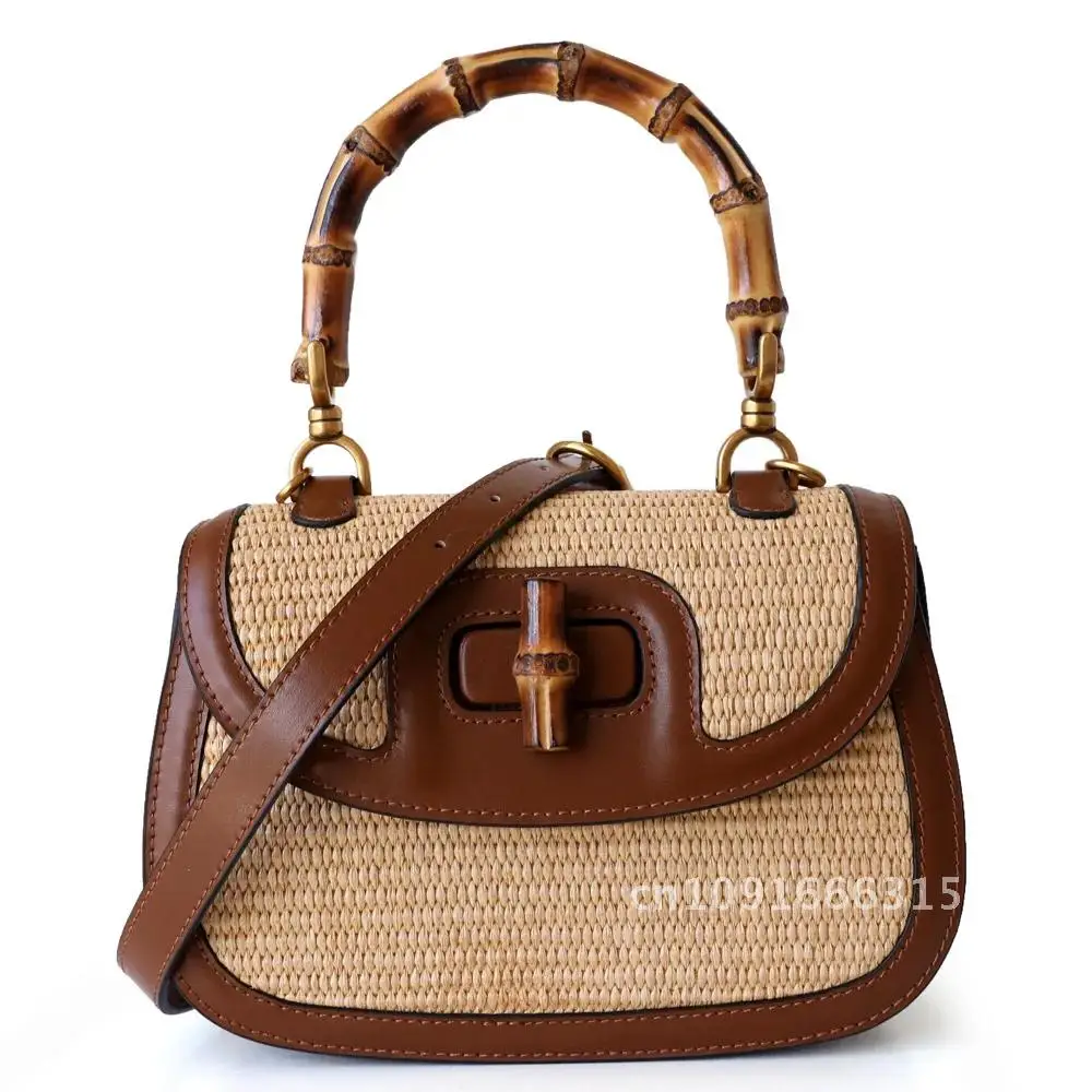 Genuine Leather Handbags for Women, Ladies Designer Bag, Luxury Bamboo Handle Bags, Brandy Natural Bamboo Hand Bag, High Quality