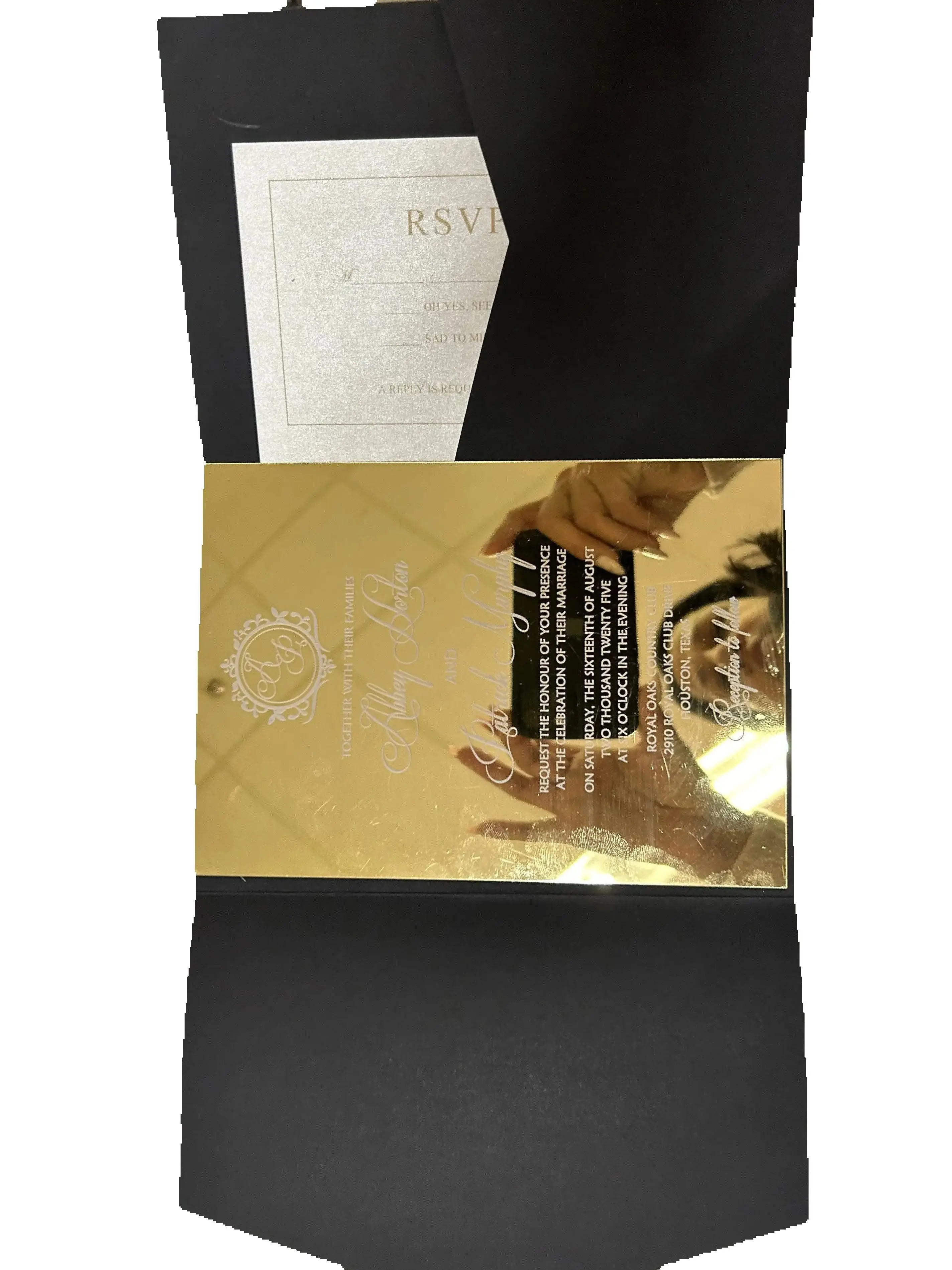 Support triplié personnalisé hébreu avec miroir, carte acrylique avec Logo de nom doré avec une poche Rsvp, carte d'invitation en acrylique pour mariage