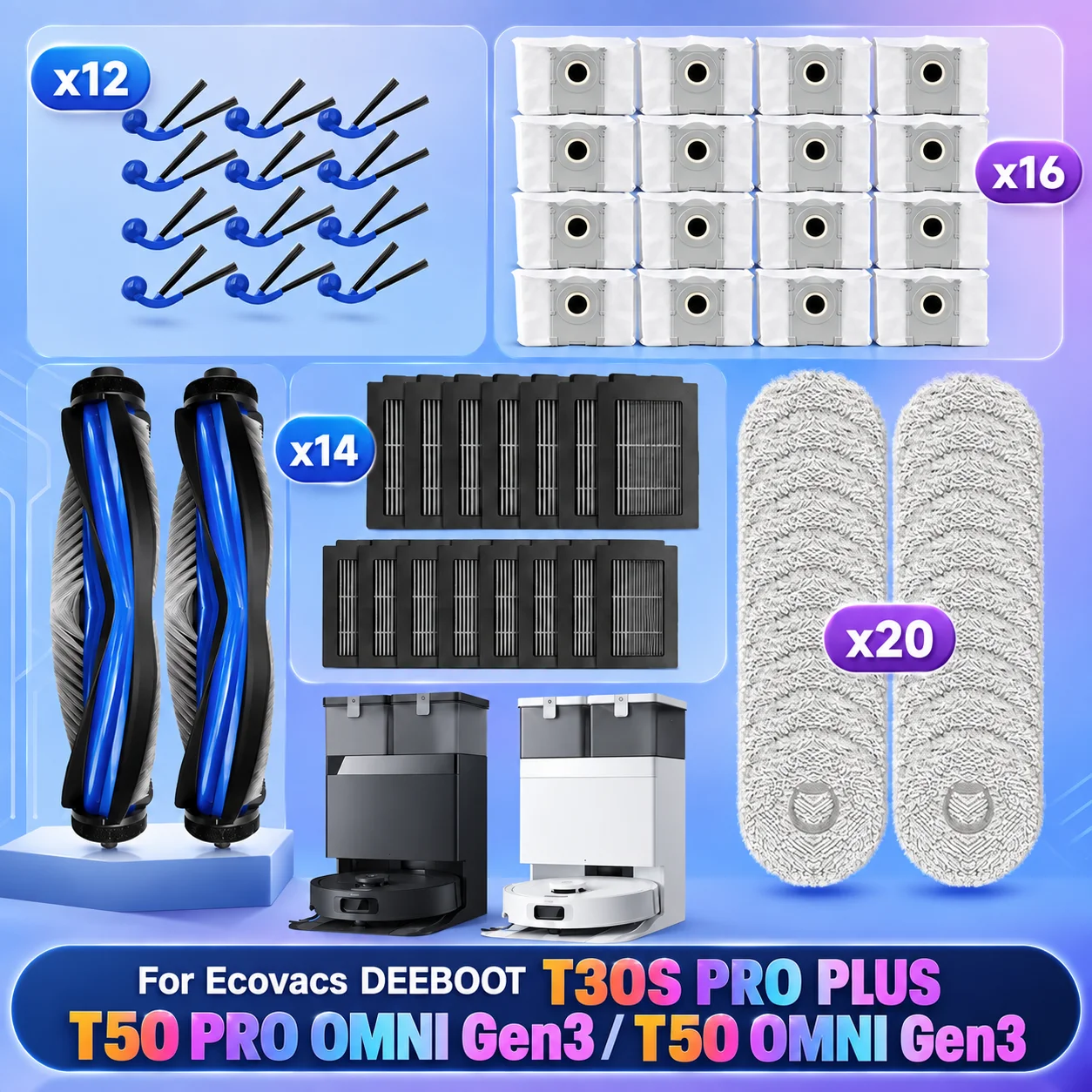 Compatible for (Ecovacs DEEBOOT T30S PRO PLUS, T50 PRO OMNI Gen3 / T50 OMNI Gen3 ) Main Side Brush Filter Mop Cloth Dust Bag