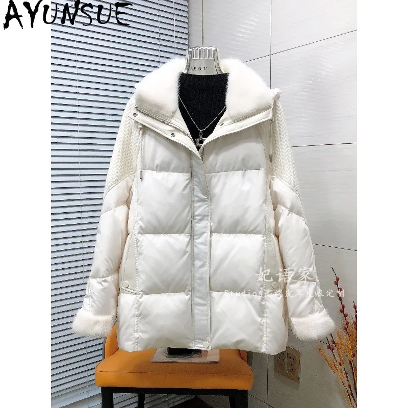 AYUNSUE Women's Goose Down Jackets Mink Fur Collar Loose Hooded Outerwears Mid-length Warm Winter Jacket Woman Clothes Casaco