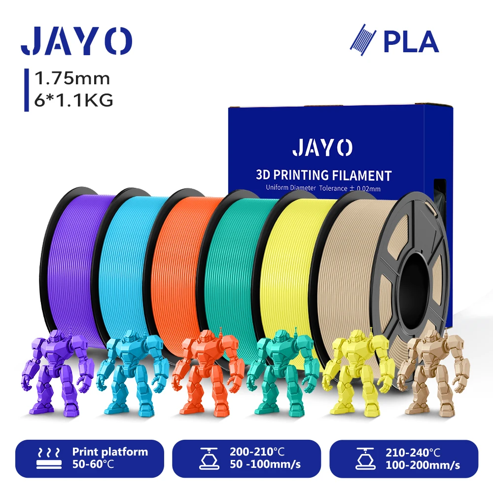 JAYO 6 Rollen 3D PLA Druckerfilament 1,75mm Ungiftig & Blasenfrei PLA-Kunststoff als 3D-Druckfilament für 99% der 3D FDM Drucker & Stifte