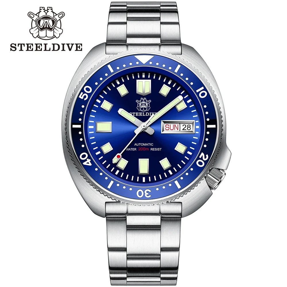 STEELDIVE SD1970W 44mm Steel Case Green Dial Ceramic Bezel 20ATM Waterproof Stainless Steel Turtle NH35 Automatic Dive Watch w