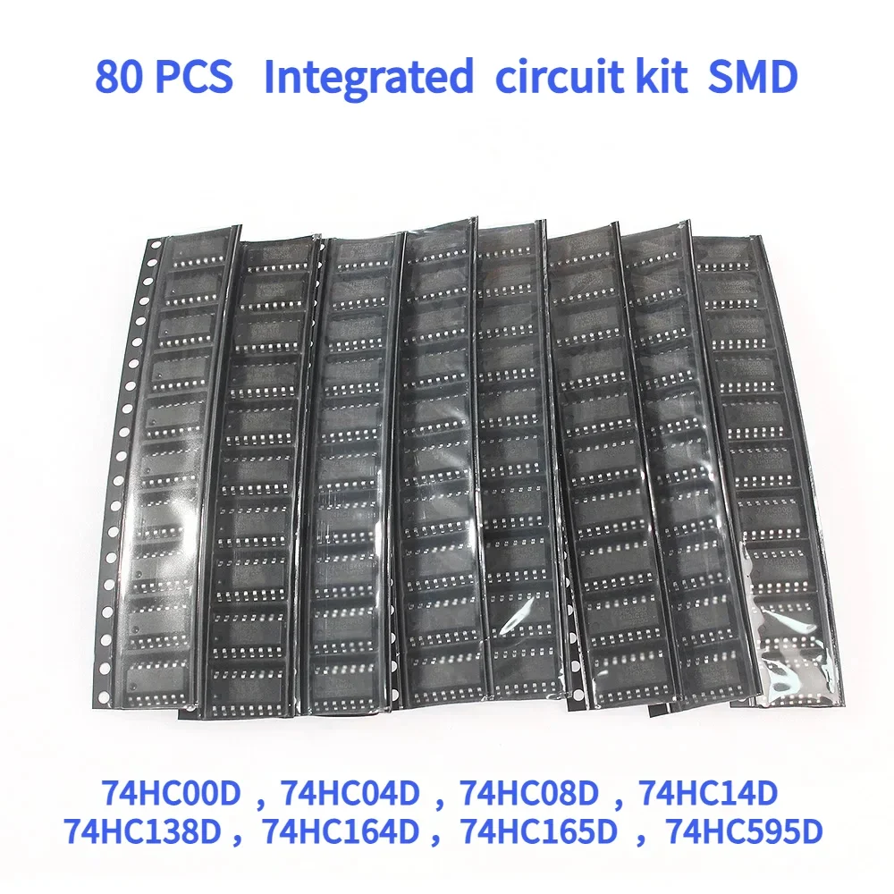 80PCS Integrated circuit kit 74HC00D 74HC04D 74HC08D 74HC14D 74HC138D 74HC164D 74HC165D 74HC595D SOP 8 Values Logic SMD IC chip