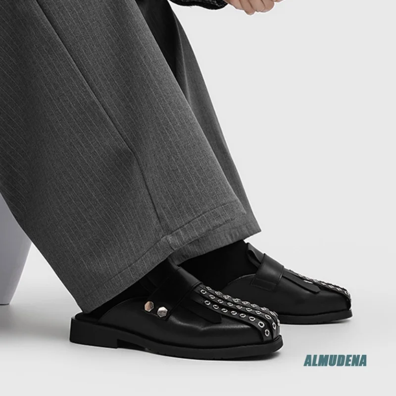 Black Men's Studded Fringe Mule Slippers Square Toe Slip-On Flat Sole Streetwear Urban Outdoor Minimalist Fashion Casual Shoes
