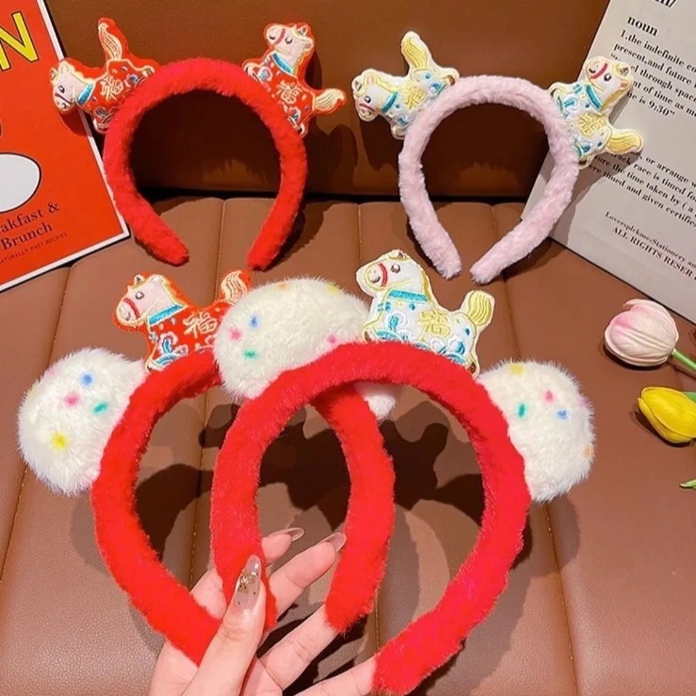 

Cute Cartoon Horse Hair Hoop Mascot New Year Headband Headwear Red New Year Headpiece Photo Prop