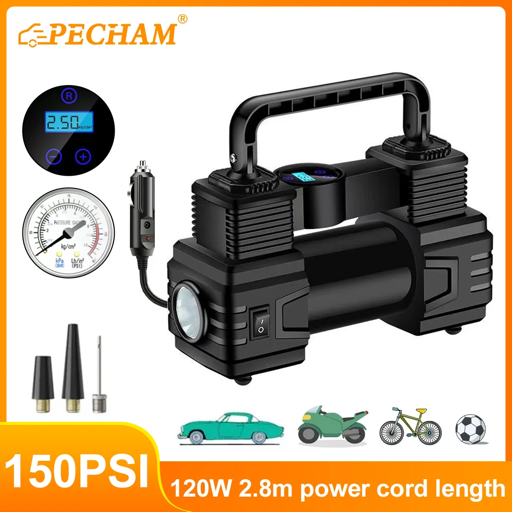 

120W 150PSI Mini Air Compressor Dual Cylinder Heavy Duty Tire Inflator with LED Light Car Electric Air Pump Auto Inflatable Pump