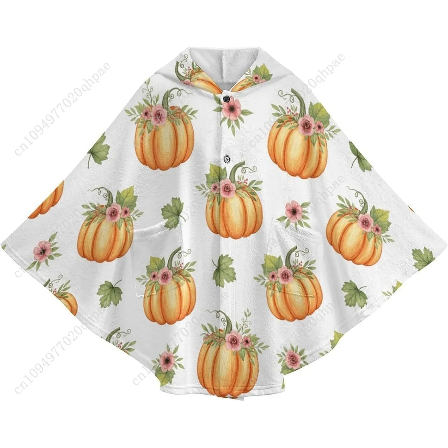 Cozy Flannel Blanket Sweater,Pumpkin Floral Pattern Oversized Hoodie With Pockets For Kids And Teenagers