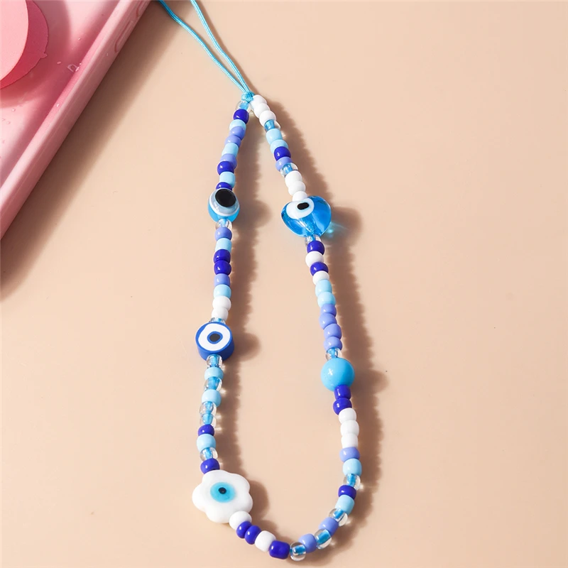 INS Blue Eyes Perlen-Handyband, niedliche Charm-Kette, Blumen-Handy-Lanyard, Schlüsselanhänger, Frau, Mädchen, Taschenanhänger für iPhone-Hülle – Detail 6