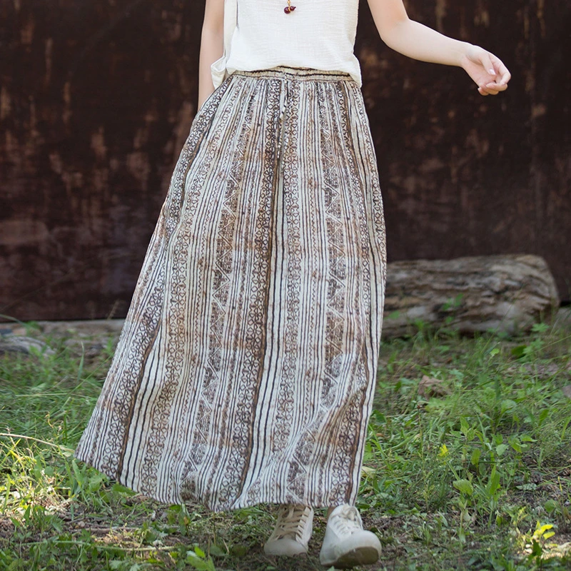 100% Ramie Women Casual Long Skirt New Arrival 2026 Summer Vintage Style Print High Waist Female Basics A-line Skirts M2851