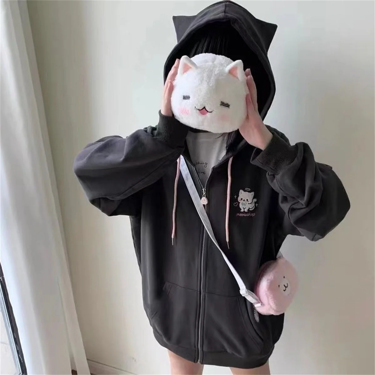 Ropa Mujer Japanese Cute Hoodies Coats Cute Cat Print Hooded Sweatshirts Y2K Tops Women Clothing Casual Zipper Loose Hoodie