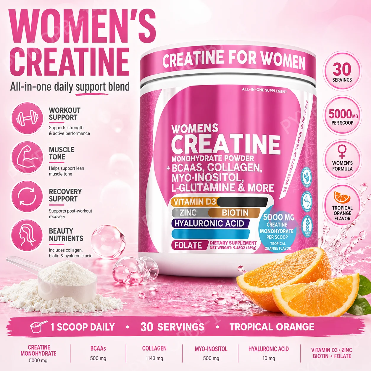 

Woman Creatine Powder 269g Contain Creatine Monohydrate, BCAA & Amino Acids for Daily Health, Nutrition, and Workout Support