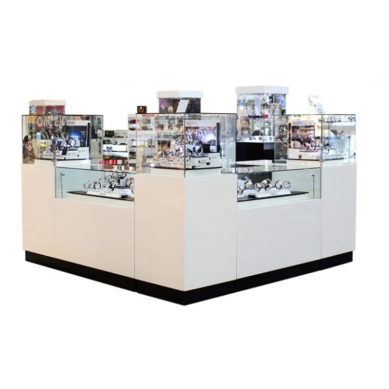 Custom, boutique watch kiosk showcase with LED light modern jewelry kiosk retail mall kiosk